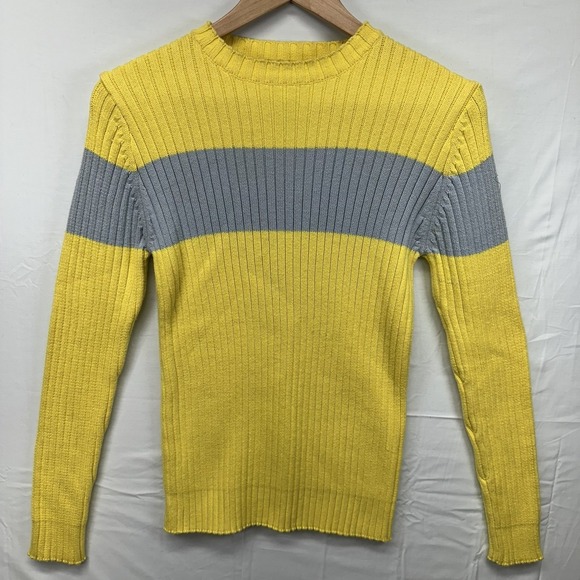 KENVELO Sweaters - KENVELO Striped Ribbed Knit Crew Neck Sweater Yellow Grey Women L